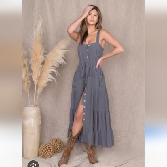 Malibu Bum Slate Blue Button-Down Midi to Maxi Dress Size Small - Picture 4 of 9